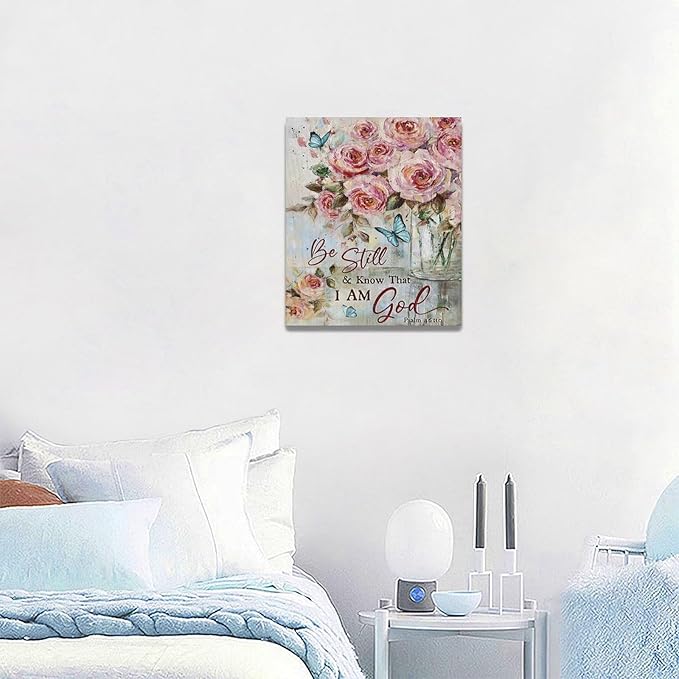 Farmhouse Rose Wall Art Christian Scripture Pictures Pink Rose Wall Decor Rustic Floral Butterfly Canvas Print Painting Artwork for Bathroom Living Room Bedroom 20"x24"-PawvioPets