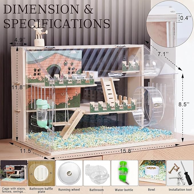 11 in 1 Wooden Hamster Cage with All Accessories, 15.8 Inch 3-Layer Dwarf Hamster Cage Acrylic,Small Animal Cages, Pastoral Style Mouse Cage for Pet Mice, Hedgehog, with Stairs, Fences and Swing-PawvioPets