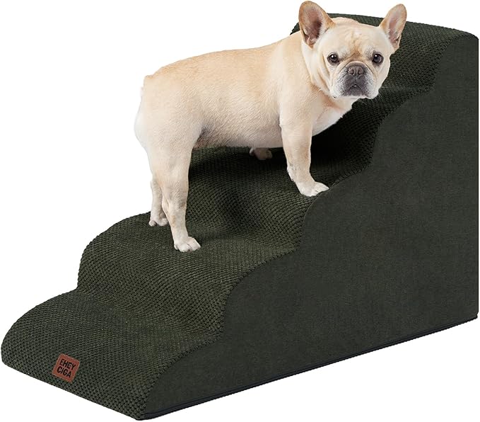 EHEYCIGA Curved Dog Stairs Ramp for High Beds 22.6" H, 5-Step Dog Steps for Small Dogs and Cats, Pet Stairs for High Bed Climbing, Non-Slip Balanced Pet Step Indoor, Olive Green-PawvioPets