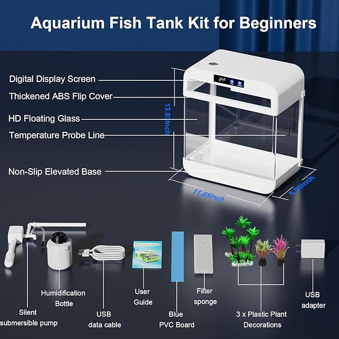 Fish Tank Aquarium 2.2 Gallon with 7 Color Auto-Looping Light, Fish Bowl with Humidifier 3 in 1 Pump - Filteration & Oxygenation & Circulation, Temperature Display, HD Float Glass, Thickened Base-PawvioPets