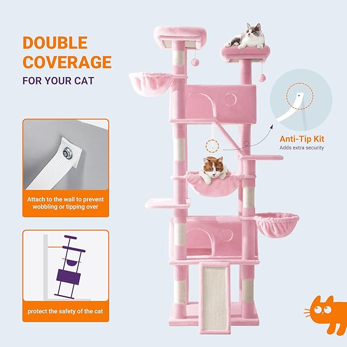Allewie 81 Inches Tall Cat Tree/Multi-Level Large Climbing Tree House and Towers for Big Feline/Condo and Hammock/Scratching Post/Wide Base/Pink-PawvioPets