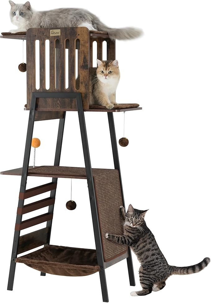 FourFurPets Modern Cat Tree, 58-Inch Cat Tower for Large Cats, Maine Coon Cat Tree with Scratching Board, Large Perch, Hammock and Removable Pads, Rustic Brown-PawvioPets