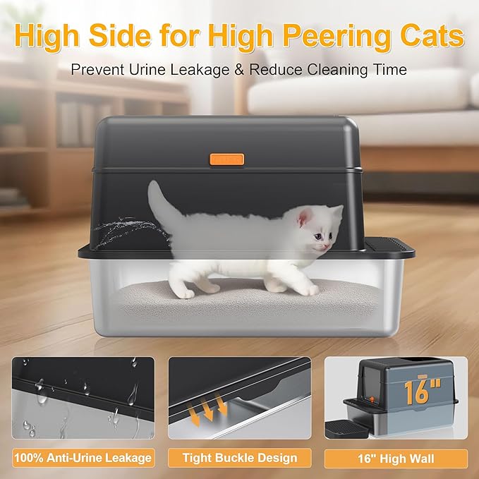 Enclosed Stainless Steel Litter Box with Lid, 20L Metal Enclosed Litter Box for Big Cat, Flip-Top Design with Anti-Leakage High Sides, Cat Lovers Gifts（Black）-PawvioPets