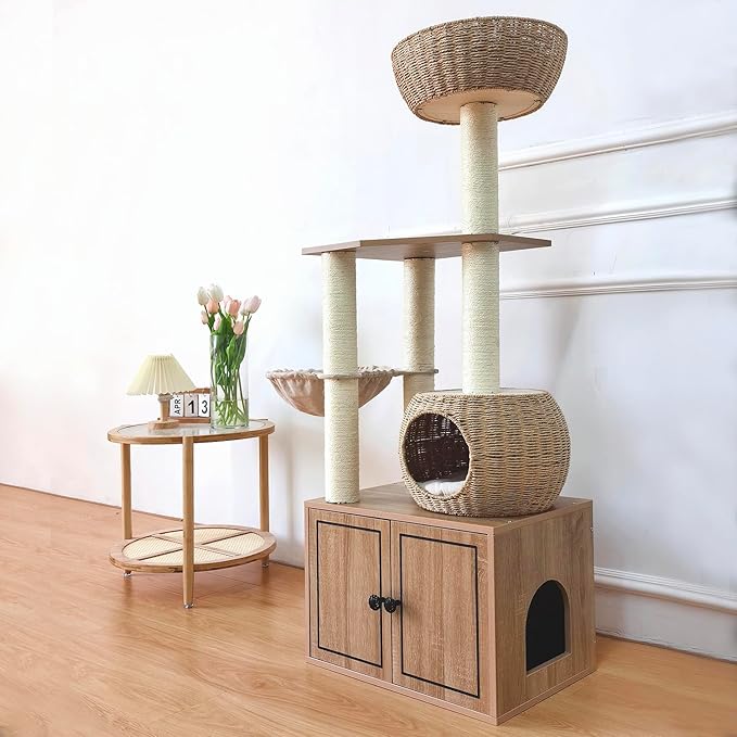 56.7" Tall Rattan Cat Tree for Indoor Cats, Multi-Level Wooden Cat Tower with Scratching Posts, Large Cat Climbing Furniture with Perches-PawvioPets