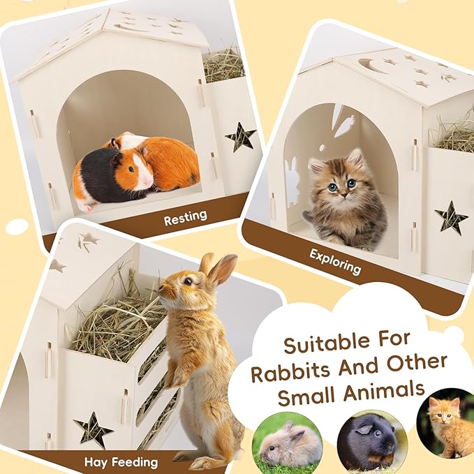 Extra Large Rabbit House & Rabbit Hay Feeder, Indoor Bunny Hideout with Feeder, Small Animal Houses & Habitats and Guinea Pig Hay Feeder-PawvioPets