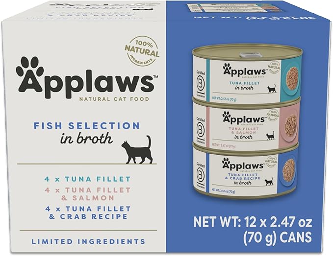 Applaws Natural Wet Canned Cat Food, Made with Limited and Natural Ingredients, Real Protein with No Artificial Additives, Fish Selection Variety Pack in Broth (12 x 2.47oz Cans)-PawvioPets