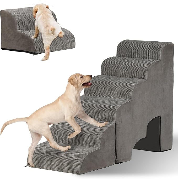 Dog Stairs for High Beds 25-30 inches Tall, 6-Step Dog Steps for High Bed for Doggies/Kitties, 30D Foam Pet Stairs Steps for Small Dogs, Dog Ramp/Ladder for Old Dogs/Cats, Grey-PawvioPets