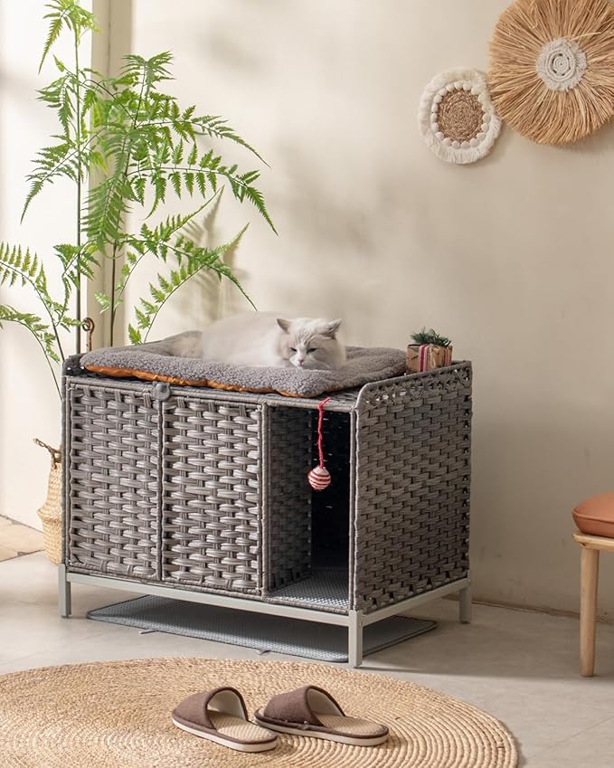 Cat Litter Box Enclosure Furniture with Divider, Handwoven Rattan Litter Box with Mat, 31.2 x 19.6 x 24.2 Inches, Metal Heightened Feet, Hidden Cat House for Living Room, Bedroom (Gray)-PawvioPets