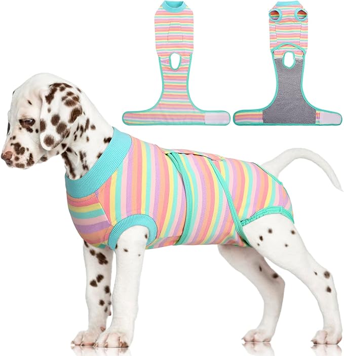 FUAMEY Recovery Suit for Dogs After Surgery,Soft Breathable Dog Bodysuit E-Collar & Cone Alternative Surgical Suit,Male Female Dog Neuter Spay Suits Anti Licking Wounds Onesie Mint Green Stripes S-PawvioPets