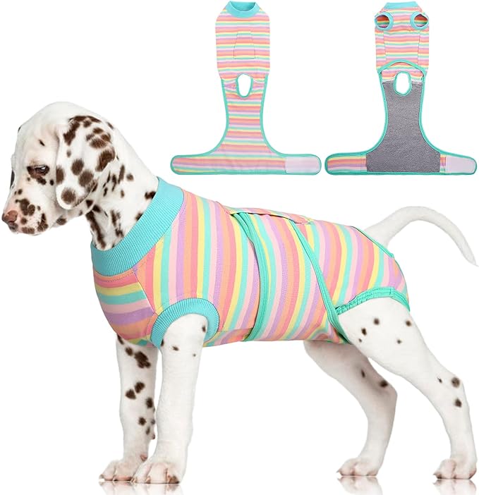 FUAMEY Recovery Suit for Dogs After Surgery,Soft Breathable Dog Bodysuit E-Collar & Cone Alternative Surgical Suit,Male Female Dog Neuter Spay Suits Anti Licking Wounds Onesie Mint Green Stripes XS-PawvioPets