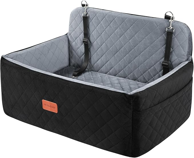 Dog Car Seat for Medium/Large Dogs, Pet Booster Seat for Under 55 lbs or 2 Small Dogs, Detachable & Washable Dog Car Bed for Backseat with 2 Safety Leashes (Black/Grey)-PawvioPets