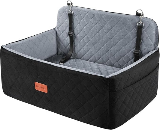 Dog Car Seat for Medium/Large Dogs, Pet Booster Seat for Under 55 lbs or 2 Small Dogs, Detachable & Washable Dog Car Bed for Backseat with 2 Safety Leashes (Black/Grey)-PawvioPets