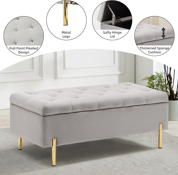 45.6 Inch Velvet Storage Bench, Tufted Upholstered Ottoman with Storage, Bedroom Living Room Entryway Rectangular Accent Bench, Grey-PawvioPets
