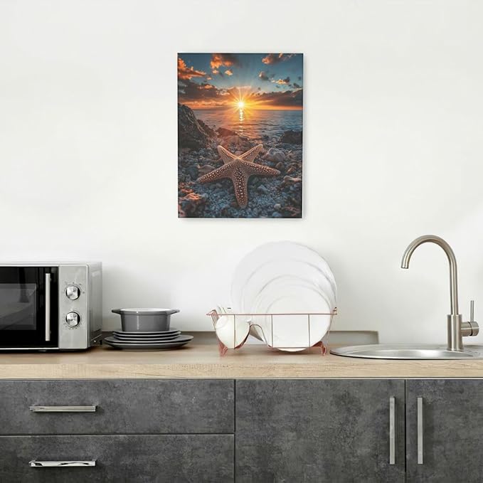 Beach Starfish Wall Decor Ocean Starfish Wall Art Sunset Scenery Coastal Theme Pictures Canvas Nature Seascape Painting Print Framed Artwork Decorations for Home Bathroom Living Room Bedroom Office 12"x16"-PawvioPets