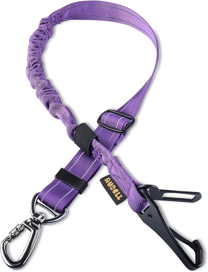 AUBELL Dog Seat Belt for Car,Updated 3-in-1 Adjustable Reflective Bungee Heavy Duty Dog Car Harness Tether with Clip Hook Latch & Buckle,Swivel Zinc Alloy Carabiner,Purple-PawvioPets