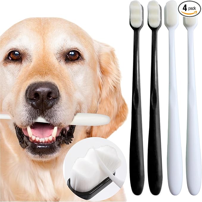 Dog Toothbrush Kit 4 Pack, 10,000 Ultra-Soft Bristles, Dog Tooth Brush for Medium to Large Dogs & Cats, Pet Tooth Brushing Kit for Easy Dental Cleaning, 2 Black Wave Head & 2 White Flat Head-PawvioPets