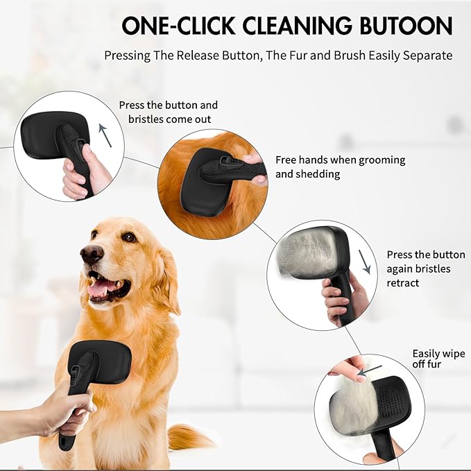 Dog Brush Kit - Self-Cleaning Slicker Brush with Bath Brush & Undercoat Rake | Deshedding Tools for Large - Small Dogs & Cats, Professional 3-in-1 Pet Grooming Set for Heavy Shedding, Black-PawvioPets