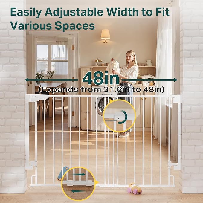 Cumbor 31.6-48" No Bottom Bar Baby Gate for Stairs, 2-in-1 Auto Close Dog Gate Indoor, Hardware Mounted Pet Gate for Doorways with Large Walk Thru Door, Child-Proof Safety Gate for Kids (White)-PawvioPets