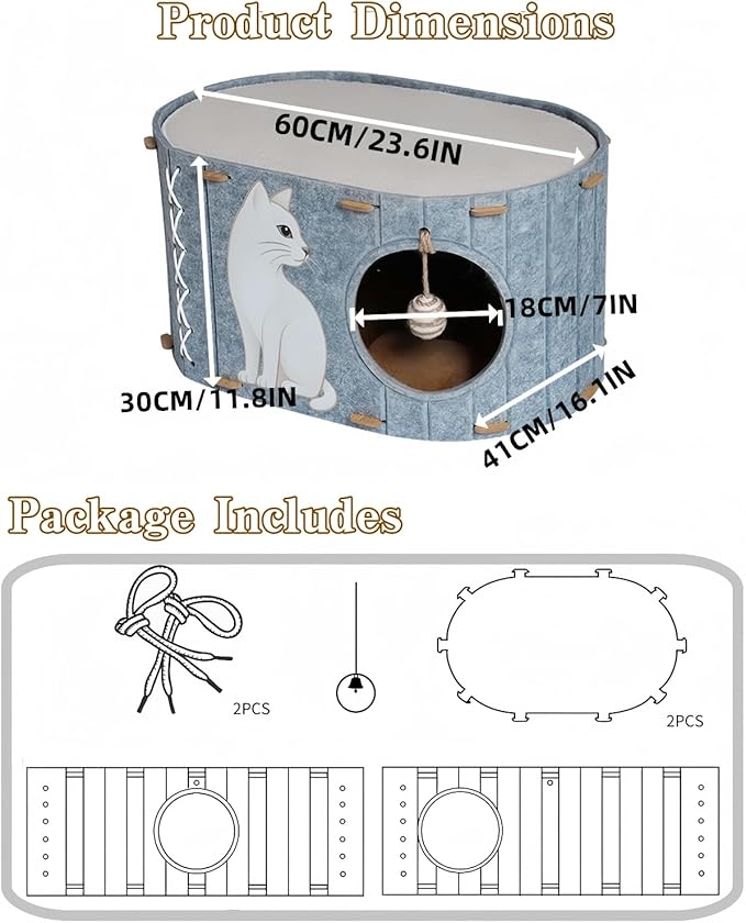 2-in-1 Large Cat House for Indoor Cats, Felt Cat Cave with Cushion, Dual Entrances & Sisal Ball Toy, Enclosed Bed for Large Cats or Multi-Cat Use, Supports 88 lbs-PawvioPets