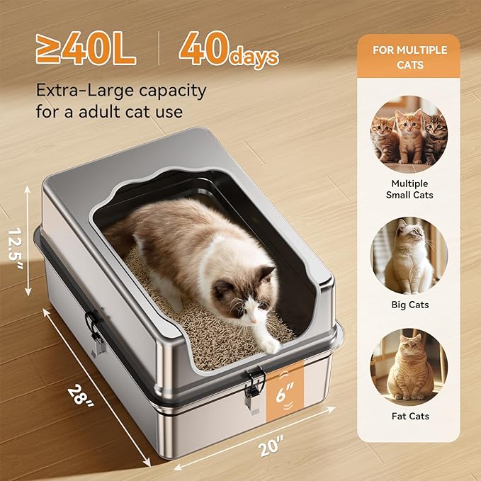 All-Metal 28" Extra Large Stainless Steel Cat Litter Boxes with Lid Metal Cat Litterbox Pan for Big Cats and Multiple Cats, Anti-Leakage, Easy Cleaning, Include Scoop-PawvioPets