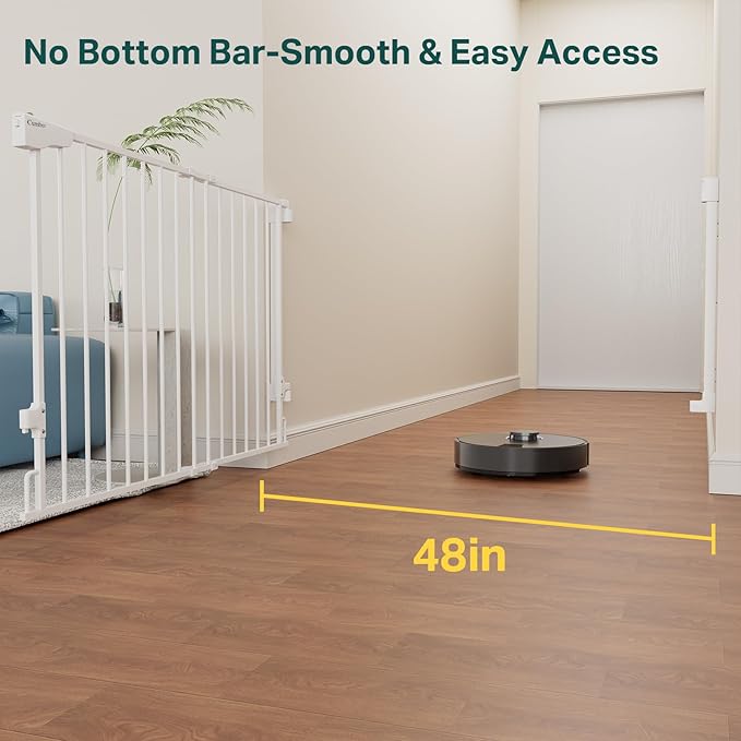 Cumbor 31.6-48" No Bottom Bar Baby Gate for Stairs, 2-in-1 Auto Close Dog Gate Indoor, Hardware Mounted Pet Gate for Doorways with Large Walk Thru Door, Child-Proof Safety Gate for Kids (White)-PawvioPets