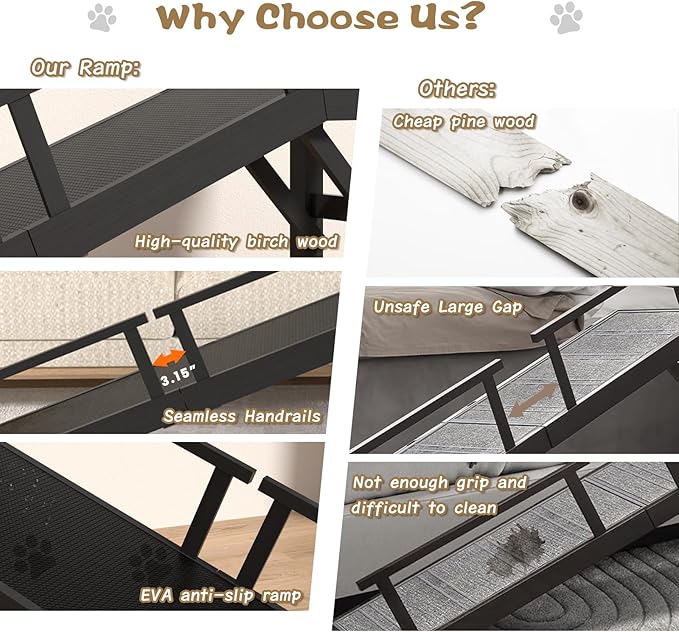 61" Dog Ramp for Bed, Pet Ramp with Removable Side Rail and Non-Slip Surface, Pet Ramp for Small & Large & Senior Dogs with Rest Platform and DIY Glow Strips,Dog Stairs for Couch,Black-PawvioPets