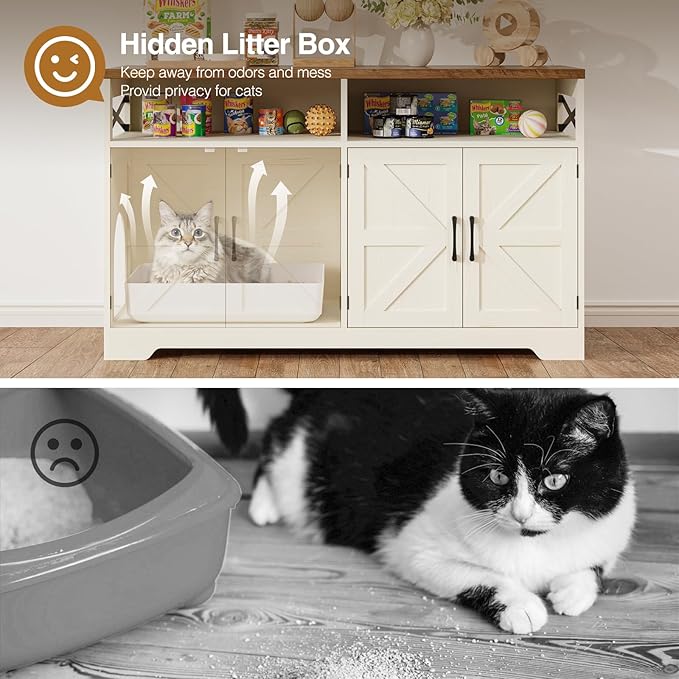 Cat Litter Box Enclosure for 2 Cats, 47" Hidden Litter Box Furniture Cat Washroom with Double Large Room, Farmhouse Indoor Litter Box Cabinet TV Stand, White-PawvioPets