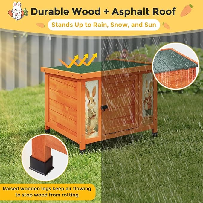 COZIWOW 24in Wooden Cat House Outdoor & Indoor Pet Shelter with Foldable Ramp - Weatherproof Rabbit Hutch with Unique Machine-Printed Art Designs for Cat, Rabbit, Guinea Pig (Orange)-PawvioPets