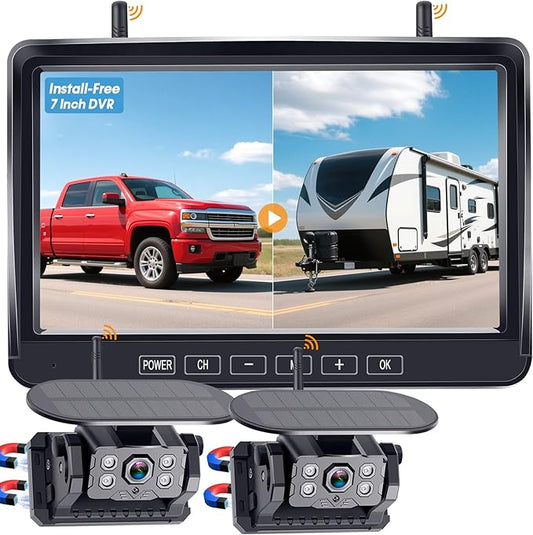 Dual RV Backup Camera Wireless with Magnetic - Recording 1080P HD Solar Rear View Camera Install-Free 7 Inch Touch Button Monitor No-Delay Signal for Truck Trailer YWD-902-PawvioPets