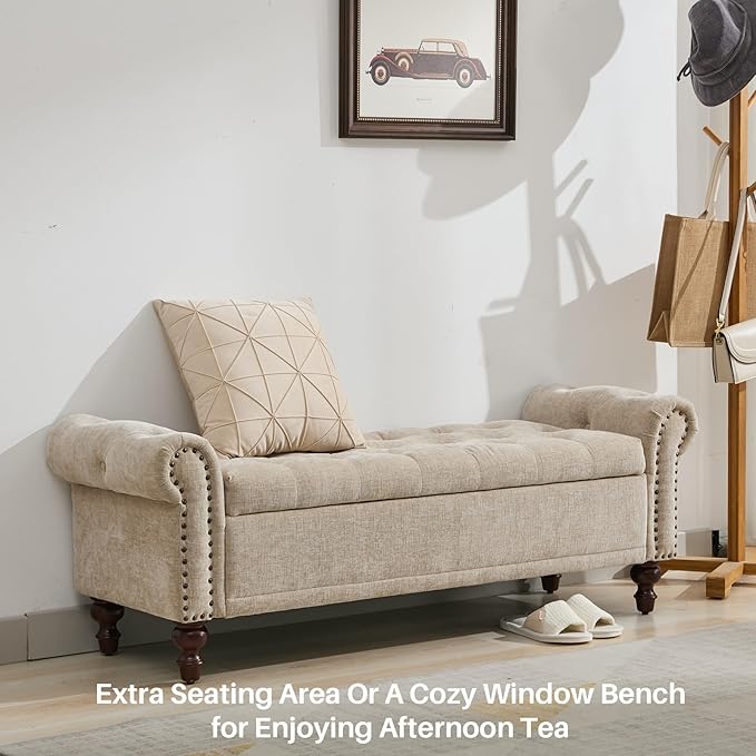 58.1'' Storage Bench Upholstered Chenille End of Bedroom Bed Bench Ottoman with Tufted Cushioned Rolled Arm Large Storage Space for Reading Living Room Entryway, Light Brown-PawvioPets