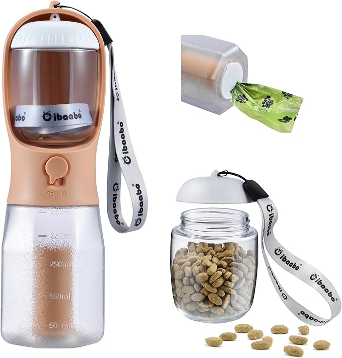 Dog Water Bottle with Food Container & Poop Bag Holder, Travel Water Bowl, Portable Pet Dispenser, Dog Stuff Accessories Items, Puppy Essentials Necessities for Yorkie Chihuahua Walking Hiking-PawvioPets