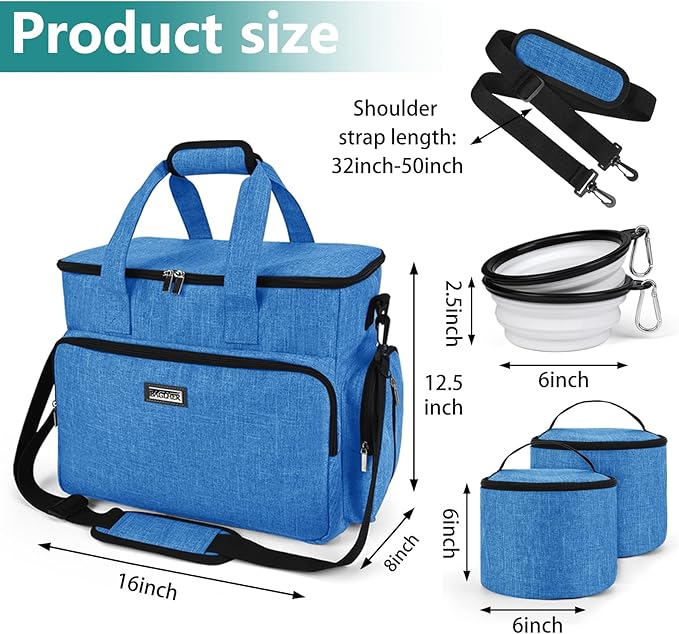 BAGLHER Dog Travel Bag, Pet Travel Bag (ALL Pet Travel Supplies), With 2 Pet Food Containers and 2 Collapsible Silicone Bowls; Essential Kits for Pet Travel Blue-PawvioPets