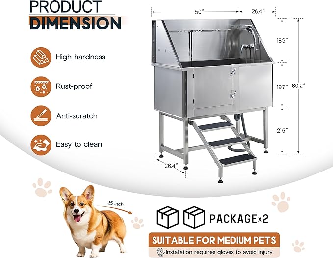 Albott 50-Inch Stainless Steel Dog Washing Station with Anti-Slip Steps, Sprayer, Faucet, and Soap Box – Professional Pet Bathtub for Medium/Small Pets, Ideal for Home, Garage, and Grooming(Left)-PawvioPets