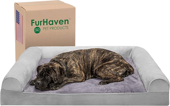 Furhaven Orthopedic Dog Bed for Large Dogs w/ Removable Bolsters & Washable Cover, For Dogs Up to 125 lbs - Faux Fur & Velvet Sofa - Smoke Gray, Jumbo Plus/XXL-PawvioPets