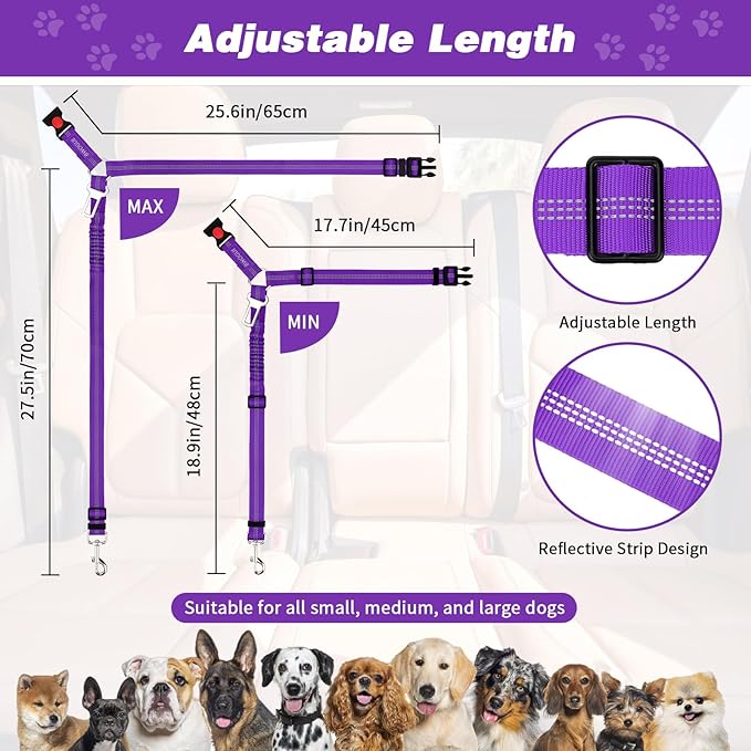 BWOGUE Pet Dog Cat Seat Belt Reflective Car Dog Headrest Restraint Leash Elastic Buffer Bungee Adjustable Tangle-Free Safety Leads Vehicle Seatbelt Harness for Small, Medium and Large Dogs (1 Pack)-PawvioPets