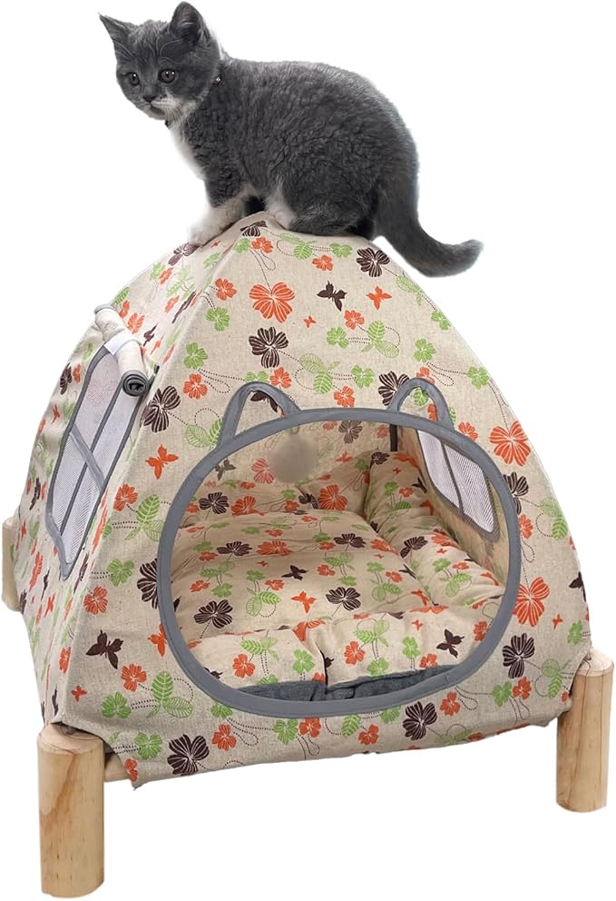 2-in-1 Elevated Cat Tent Cat House, Quick Assembly and Disassembly, Portable Indoor/Outdoor Cute Cat Bed Cave-Butterfly and Flower-PawvioPets