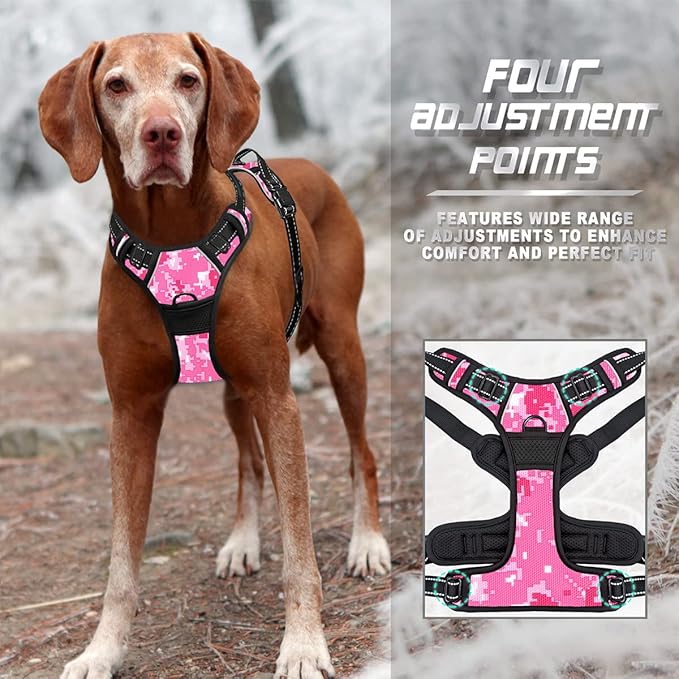 BARKBAY No Pull Dog Harness Front Clip Heavy Duty Reflective Easy Control Handle for Large Dog Walking(Pink camo,L)-PawvioPets