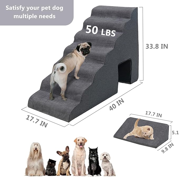 Dog Stairs for High Beds 30-36 inches Tall, 7-Step Pet Stairs/Steps for Small Large Dogs, 30D Foam Pet Steps/Ramp/Ladder for High Bedsides, with 4pcs Dog Ramp for Stairs, Dark Grey-PawvioPets