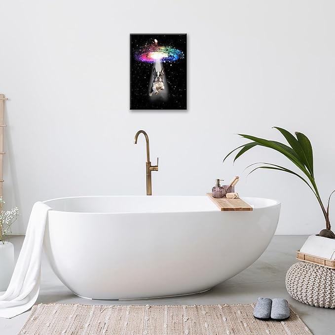 Funny Dog Wall Art Canvas Boston Terrier Wall Decor Prints Framed Painting Bulldog Galaxy Pictures Gifts Artwork for Bathroom 12"x16"-PawvioPets