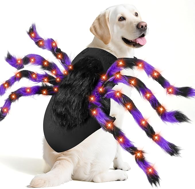 Camlinbo 24 LED Spider Dog Halloween Costume for Small Medium Large Dogs, Furry Spider with LED Lights Puppy Pet Costume Outfits Clothes Funny Halloween Costume Party Cosplay-PawvioPets