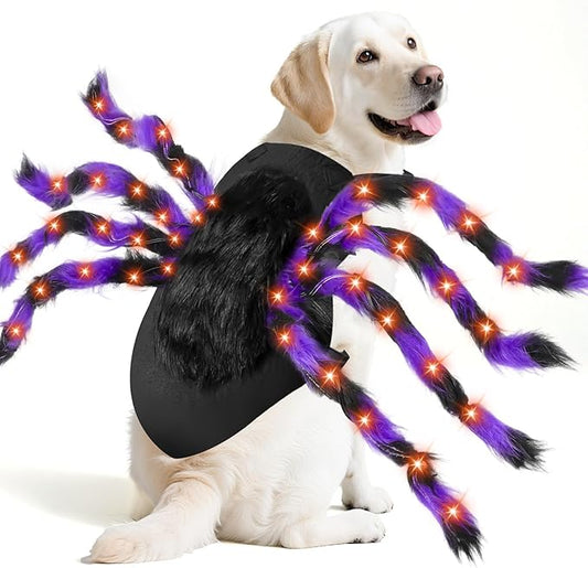 Camlinbo 24 LED Spider Dog Halloween Costume for Small Medium Large Dogs, Furry Spider with LED Lights Puppy Pet Costume Outfits Clothes Funny Halloween Costume Party Cosplay-PawvioPets