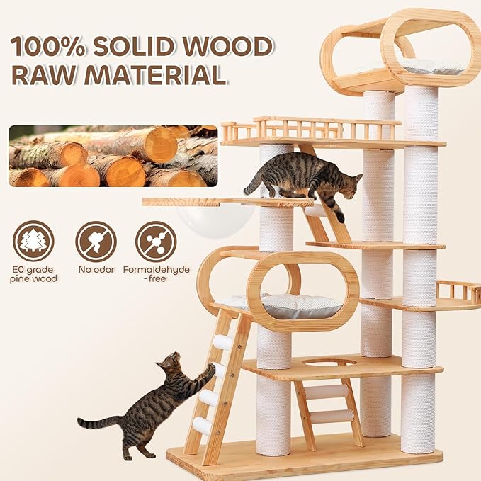 76.8'' Tall Modern Large Cat Tree,Multi-Level Wood Cat Tower for Indoor Cats Large Adults,Luxury Heavy Duty Cat Condo with Cushion,Scratching Posts,Clear Hammock Activity (76.8inch)-PawvioPets
