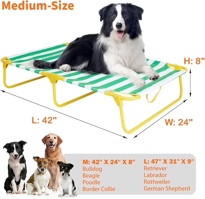 Dog Elevated Bed Foldable Portable Raised Bed Camping cot Outdoor Summer Dog Bed (Medium, GreenStripes-Oxford Fabric)-PawvioPets