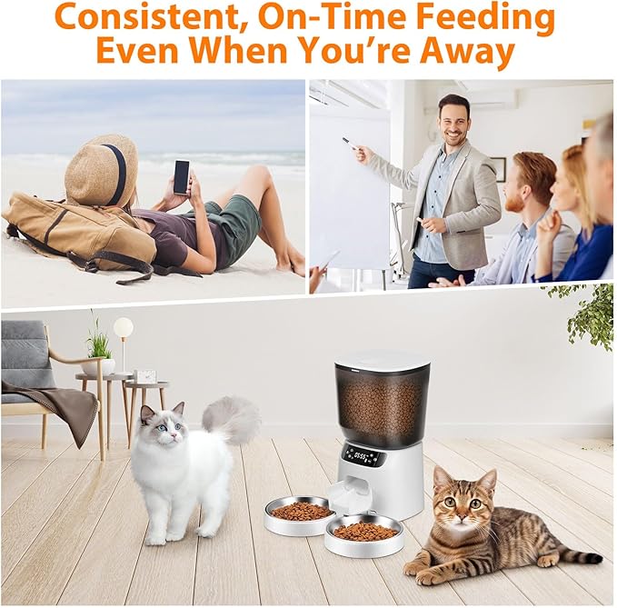 Automatic Cat Feeders for Two Cats, 5L/20 Cups Double Automatic Cat Food Dispenser with 2 Stainless Bowls, Timer Setting 20 Portions 6 Meals Per Day, 10s Meal Call, Pet Feeder for Dog (White)-PawvioPets