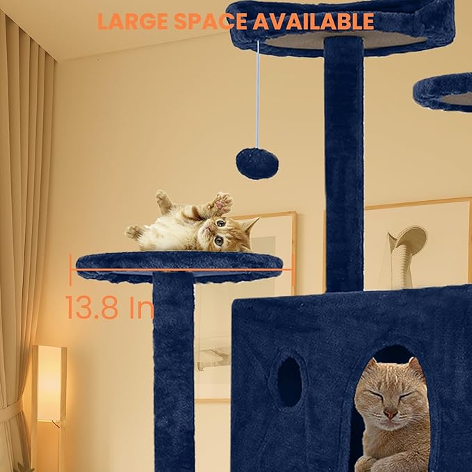 54.7 inches Cat Tower - Multi-Level Cat Condo with Scratching Posts, Hanging Toys, Navy Blue-PawvioPets