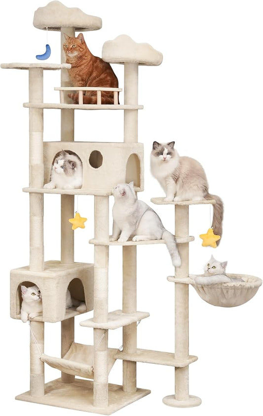 85inch Heavy Duty Cat Tree for Indoor Cats Large Adult, Tall Giant Cat Tower with Scratching Post, Large Perches, Cozy Cat Condos & Hanging Hammocks, Beige-PawvioPets