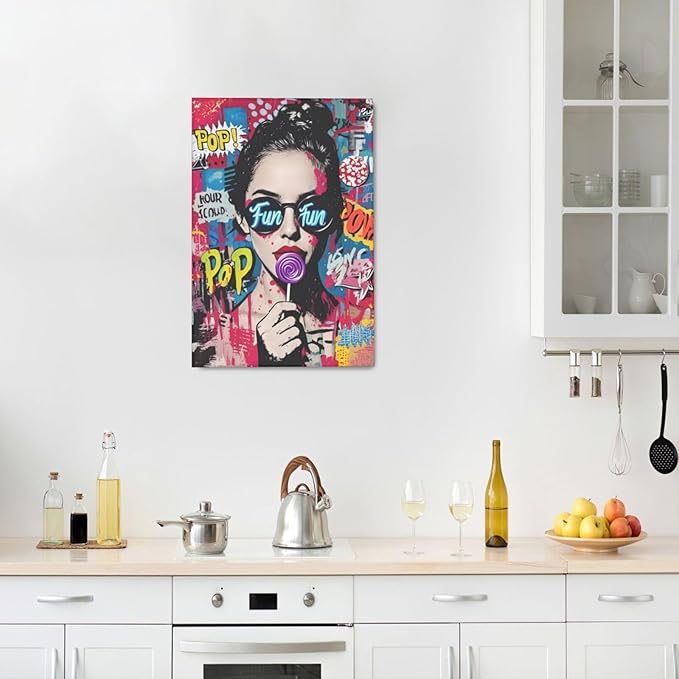 Fashion Women Wall Art Glam Modern Artwork for Girls Banksy Street Graffiti Pop Art Canvas Pictures Painting Print Framed Decorations Gifts for Bedroom Living Room Office 16"x24"-PawvioPets