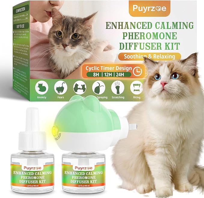 Cat Calming Diffuser with Three Timing Functions, 3-in-1 Cat Pheromones Calming Diffuser Kit, 60-Day Anxiety Relief, Stress Reduction & Relaxation for All Cats (1 Diffuser + 2 Refills)-PawvioPets