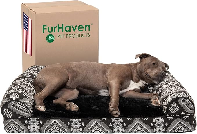 Furhaven Orthopedic Dog Bed for Large/Medium Dogs w/ Removable Bolsters & Washable Cover, For Dogs Up to 55 lbs - Plush & Southwest Kilim Woven Decor Sofa - Black Medallion, Large-PawvioPets