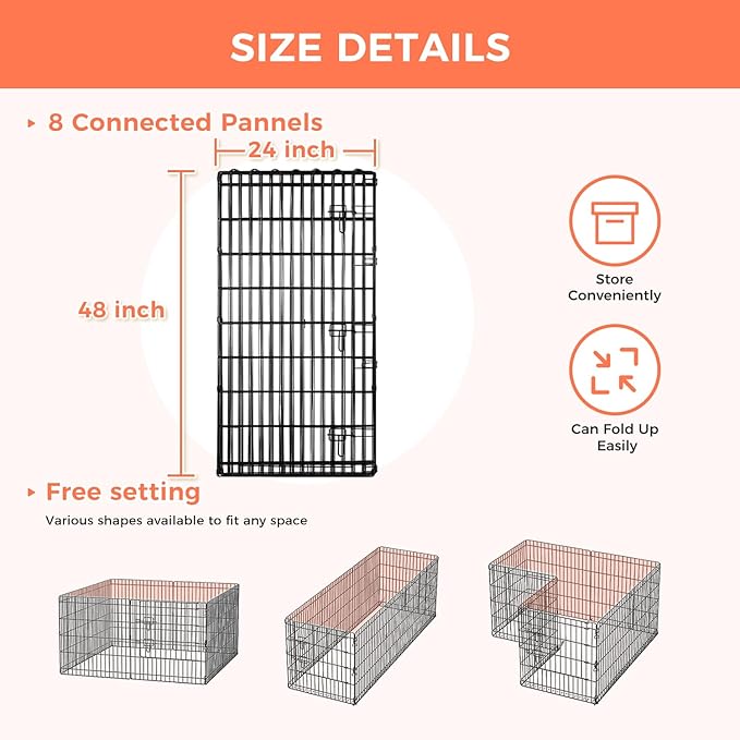 Foldable Dog Playpen 48" Height 8 Panels Metal Exercise Pen with Door - Indoor/Outdoor Dog Play Pen for Medium-Large Dogs, Portable Pet Fence for Yard Garden Camping, Black-PawvioPets